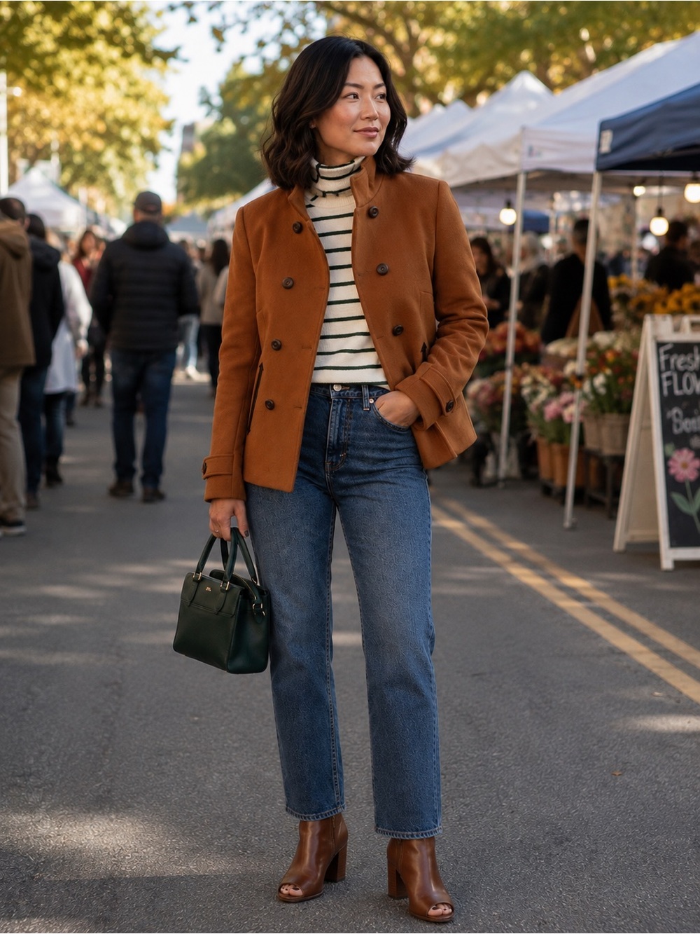 Womens Double-Breasted Wool Peacoat - Camel
